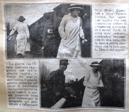 Newspaper clipping from the Tribuna Illustrata showing Mabel Campbell and Teresa Hulton helping the wounded soldiers on the train at San Giovanni di Manzano, northern Italy, taken between October and December 1915.